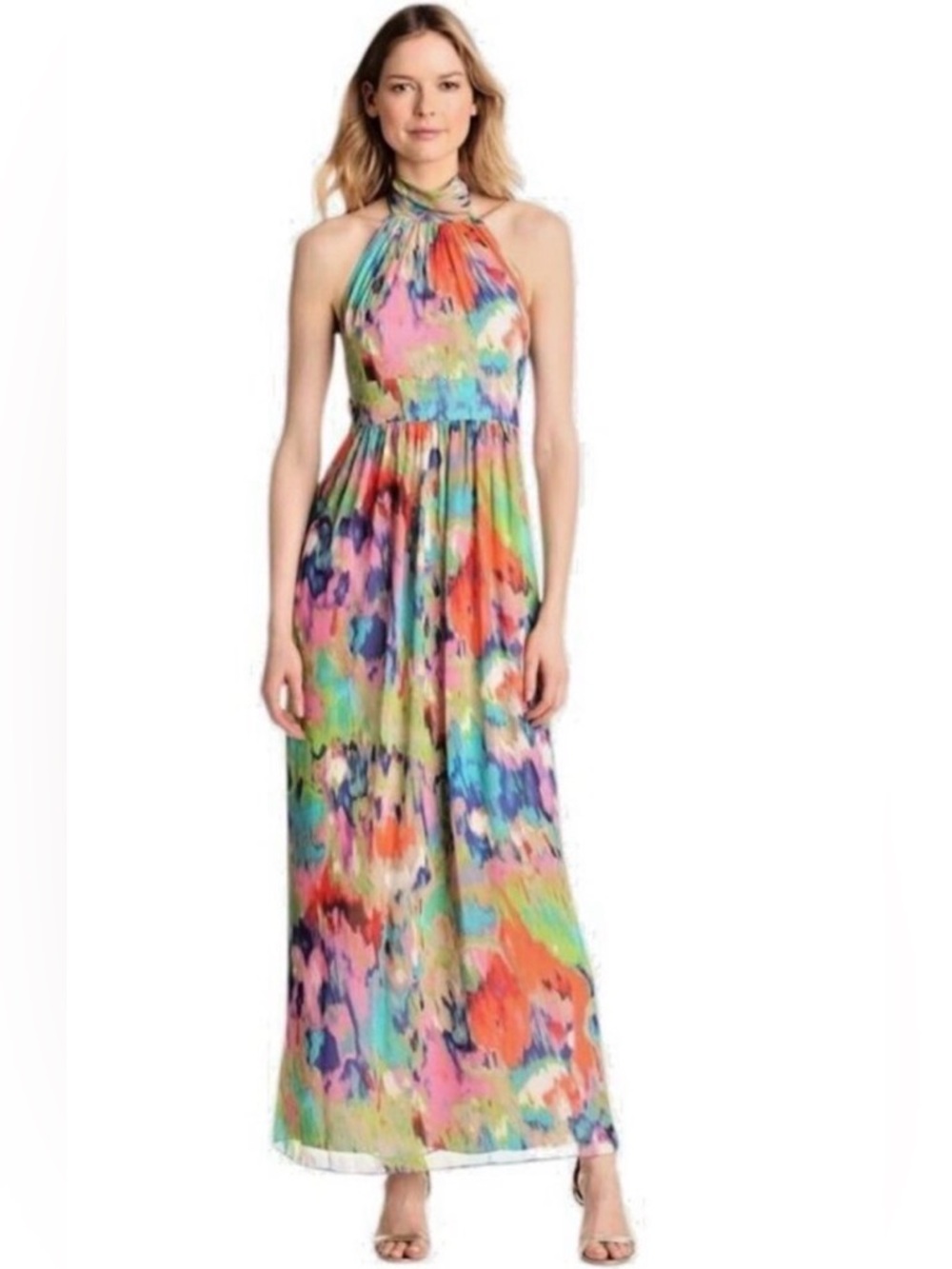 Eliza J Multicolor Watercolor Halter Maxi Dress, Multi, 14